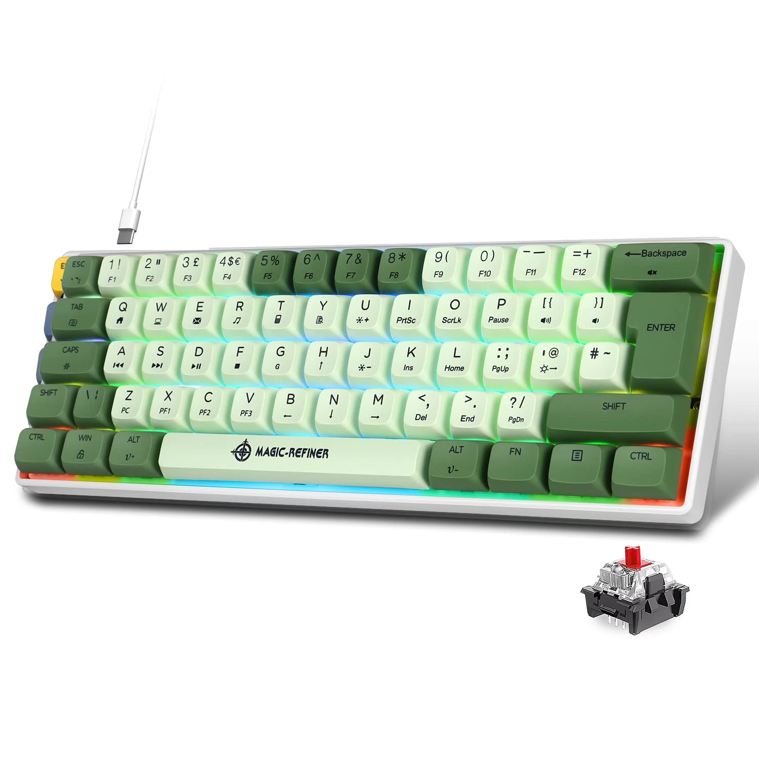 MAGIC-REFINER MK21 60% Percent Mechanical Keyboard UK Layout Compact 62 Key Mechanical Gaming Keyboard Light up RGB Backlit USB C Gaming keyboard Compatible with PC, Laptop, PS4, PS5 - Red Switch
