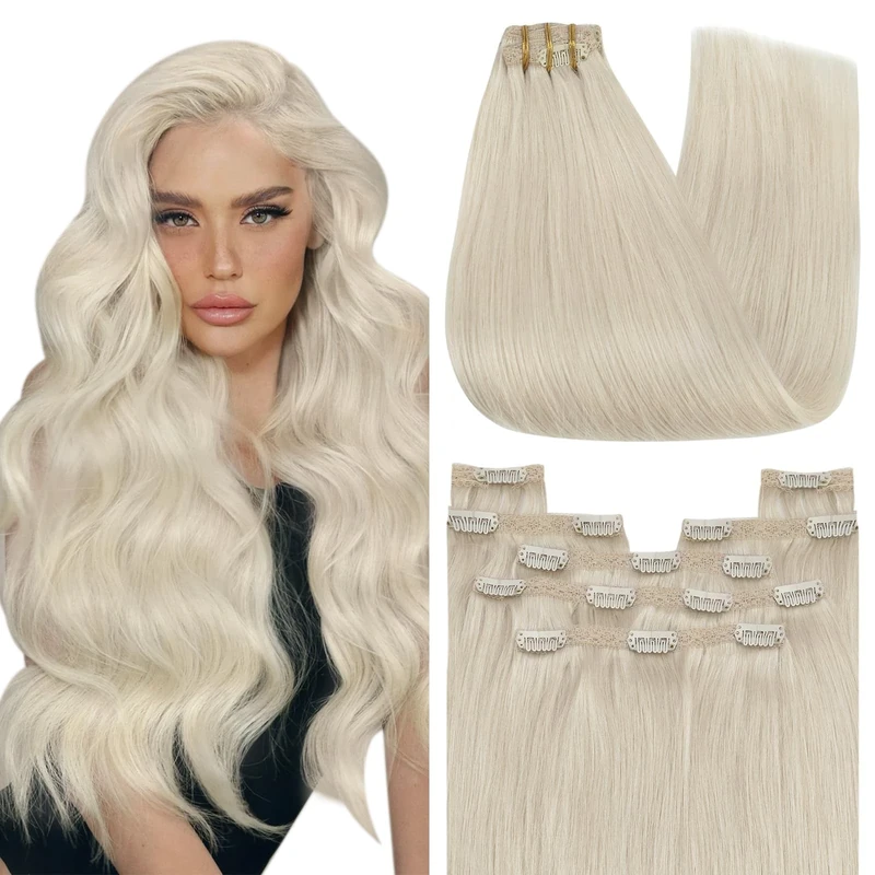 YoungSee Clip in Human Hair Extensions Blonde 22inch 120g Clip in Hair Extensions Platinum Blonde Real Hair Clip in Extensions White Blonde for Wedding 7 Separate Pieces Long Straight