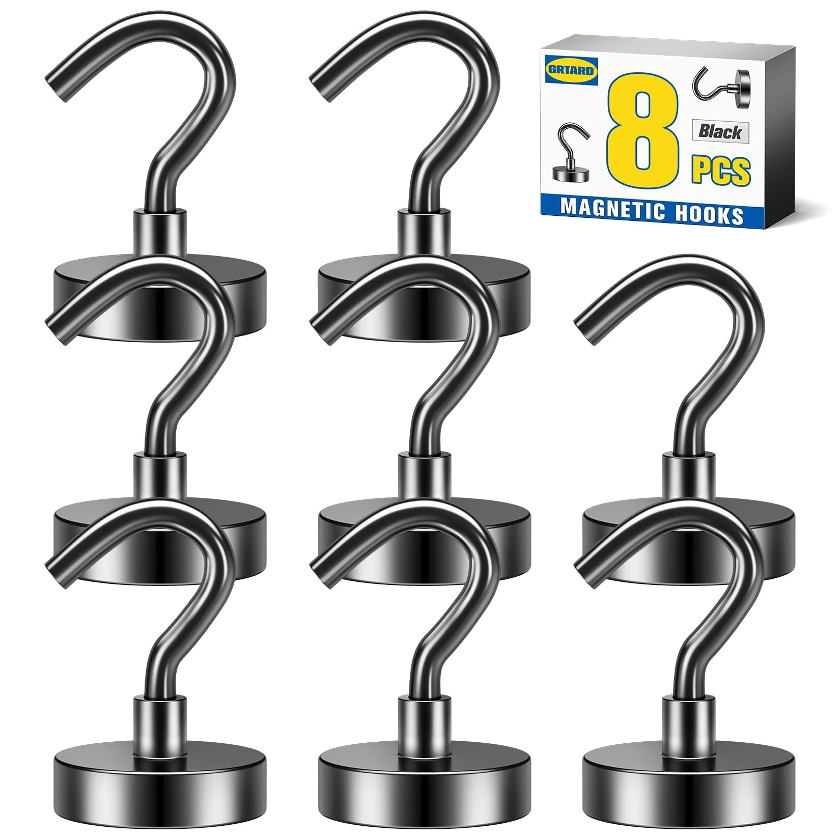 Grtard Magnetic Hooks, 8 Pack 22 lb+ Strong Neodymium Magnet Hooks, Magnets with Hook, Black Magnetic Hook for Cruise, Bathroom, Kitchen, Workplace, Office, Garage, BBQ Grill