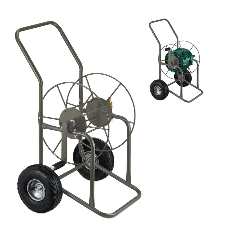 Relaxdays Hose Trolley, Up to 80 Meters, 2 Rubber Wheels, H x W x D: 93 x 62 x 50 cm, Steel, Brown