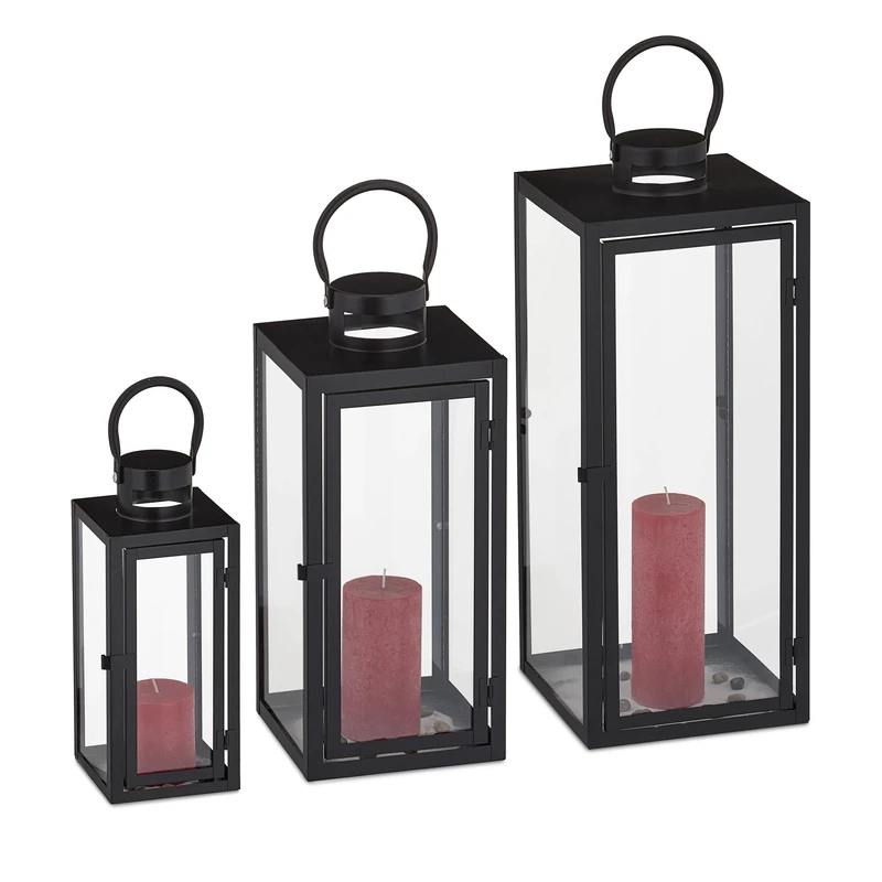 Relaxdays Lanterns Set of 3, Decorative Candle Holders for Outdoors & Indoors, 3 Sizes, Modern, Metal and Glass, Black