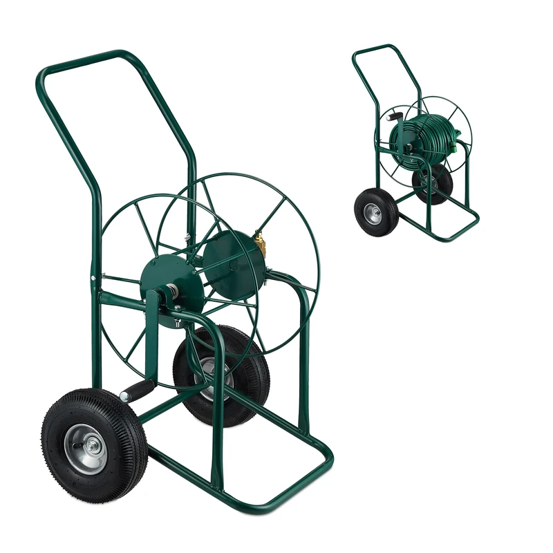 Relaxdays Hose Trolley, Up to 80 Meters, 2 Rubber Wheels, H x W x D: 93 x 62 x 50 cm, Steel, Green