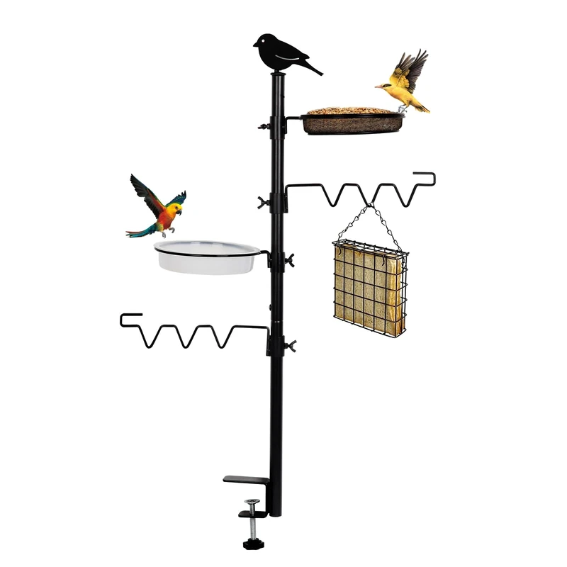 HRAYLTOP Deck Bird Feeder Station Kit Deck Bird Bath Hook Bird Feeding Pole, Steel Multi Railing Hanging Kit, Bird Feeder Stand Porch Planter Hanger for Attracting Wild Birds(Black)