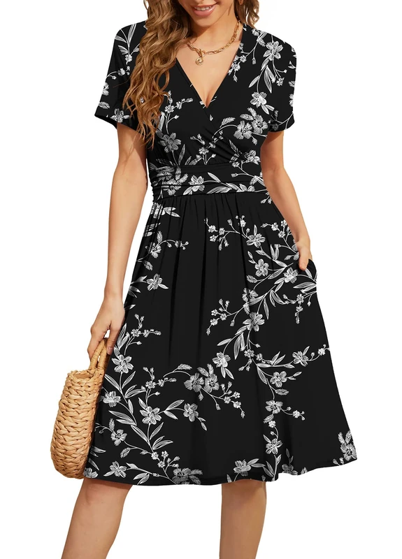 WEACZZY Women's Summer Short Sleeve Casual Dresses V-Neck Floral Party Dress with Pockets, White Flower Black, XL