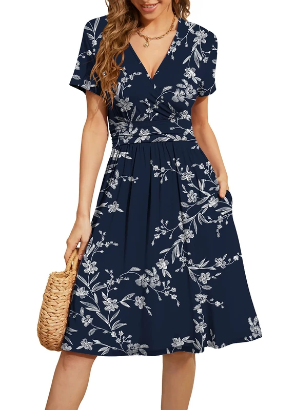WEACZZY Women's Summer Short Sleeve Casual Dresses V-Neck Floral Party Dress with Pockets, White Flower Navy, XL