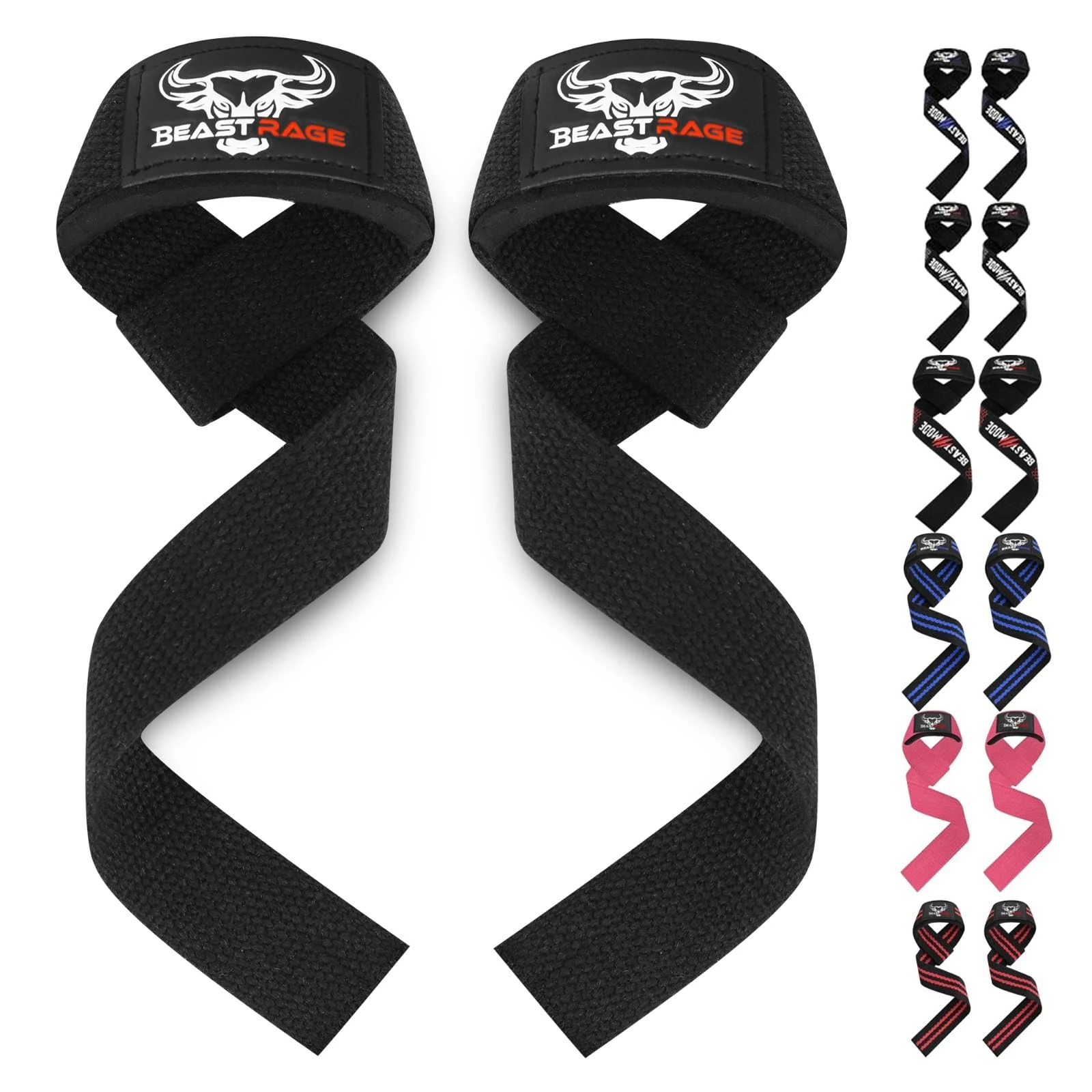BEAST RAGE Weight Lifting Straps Fitness Padded Cotton Wrist Support Gel Advanced Grips Dumbbell Bar Wraps Heavy Duty Gym Bodybuilding Straps Power Deadlift Barbells Non Slip Exercise (Black)