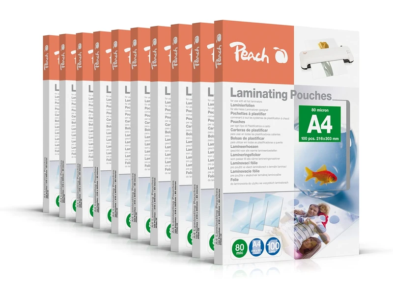 Peach Laminating Pouches A4 – 80 mic – 10 x 100 Pouches – Glossy – Premium Quality for Best Laminating Results – Compatible with Devices of All Brand Manufacturers – PP580-0210A