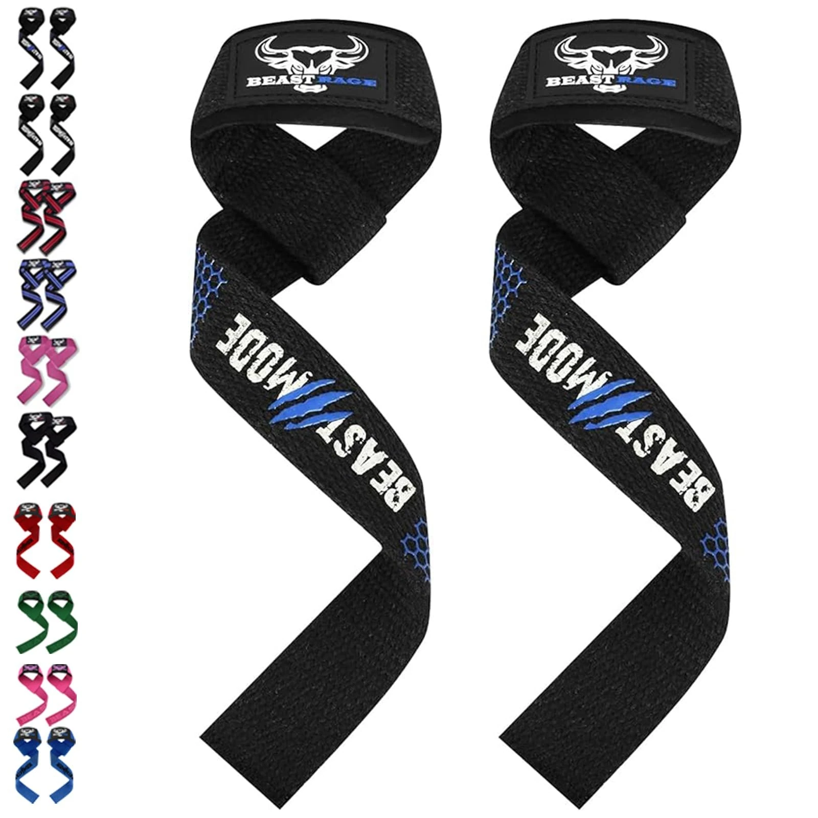 BEAST RAGE Weight Lifting Straps Fitness Padded Cotton Wrist Support Gel Advanced Grips Dumbbell Bar Wraps Heavy Duty Gym Bodybuilding Straps Power Deadlift Barbells Non Slip Exercise (Blue Silicone)