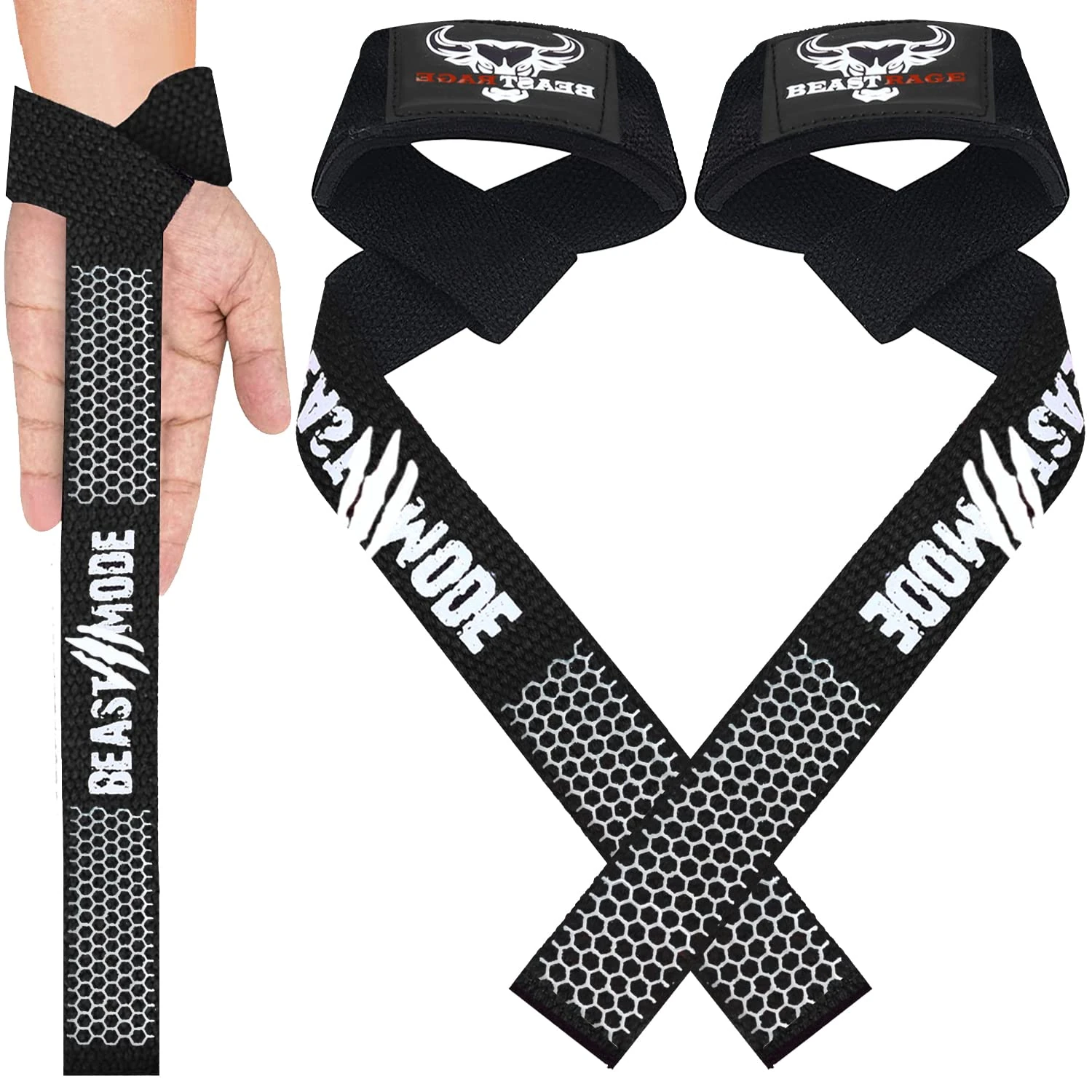 BEAST RAGE Weight Lifting Straps Fitness Padded Cotton Wrist Support Gel Advanced Grips Dumbbell Bar Wraps Heavy Duty Gym Bodybuilding Straps Power Deadlift Barbells Non Slip Exercise (White silicone)