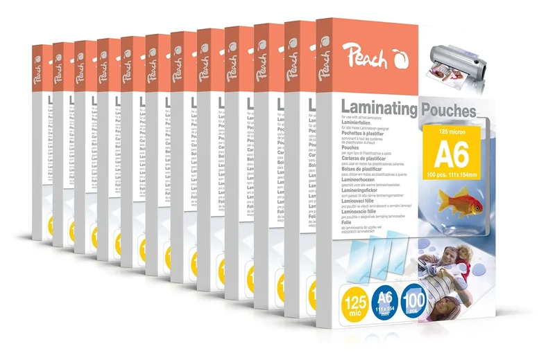 Peach Laminating Pouches A6 125 mic 12 x 100 Pouches Glossy Premium Quality for Best Laminating Results Compatible with Devices of All Brand Manufacturers PP525-0412A