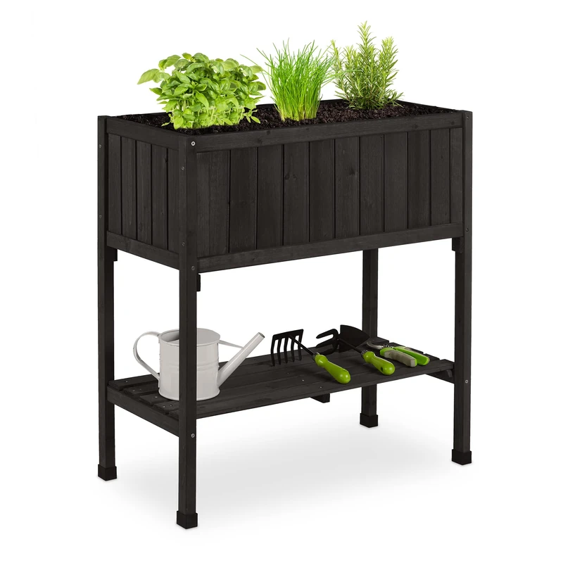 Relaxdays Raised Planter, Liner, Elevated Herb Box, 80 x 74 x 38 cm, Garden, Balcony & Patio, Flowerbed, Fir Wood, Black