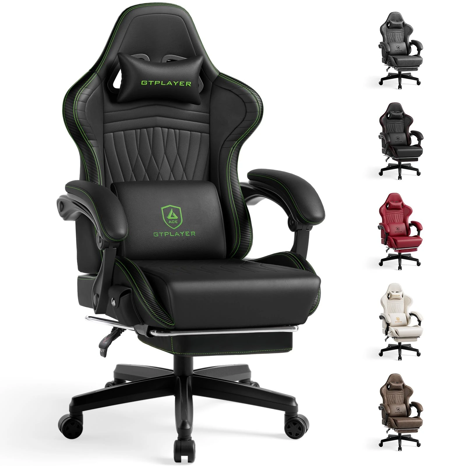 GTPLAYER Gaming Chair with Speakers, Heavy Duty Computer Chairs with Footrest Bluetooth Linkage Armrest and Lumbar Support, Ergonomic Height Adjustable PC Chair for Adults, Green