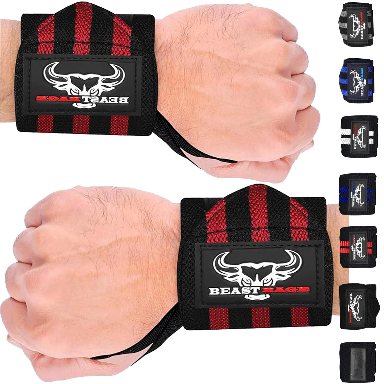 BEAST RAGE Weight Lifting Straps Wrist Wraps Fitness Padded Cotton Wrist Support Gel Advanced Grips Dumbbell Bar Wraps Heavy Duty Gym Bodybuilding Straps Power Deadlift Barbells (Red Black Wraps)