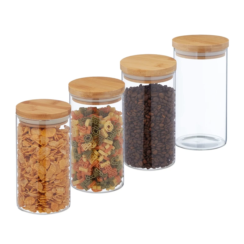 Relaxdays Jars in Set of Four, 1000 ml Each, Bamboo Smell-Proof Lids, Dry Food Storage, Glass, Transparent/Brown, 18 x 10 cm