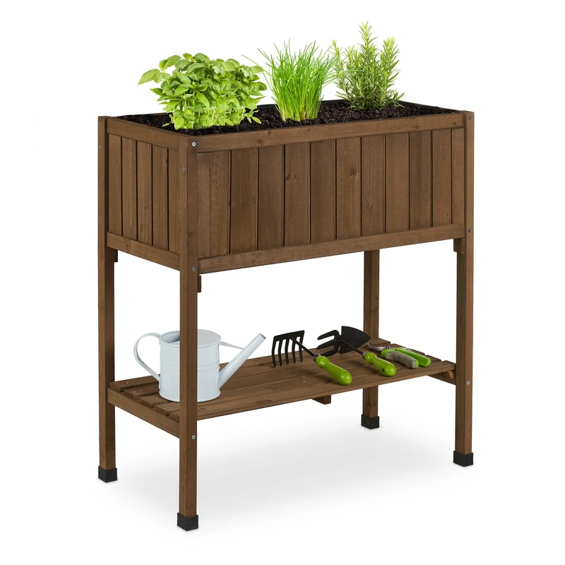 Relaxdays Raised Planter, Liner, Elevated Herb Box, 80 x 74 x 38 cm, Garden, Balcony & Patio, Flowerbed, Fir Wood, Brown