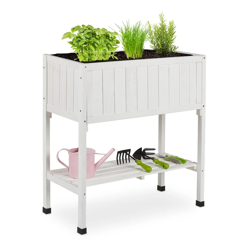 Relaxdays Raised Planter, Liner, Elevated Herb Box, 80 x 74 x 38 cm, Garden, Balcony & Patio, Flowerbed, Fir Wood, White