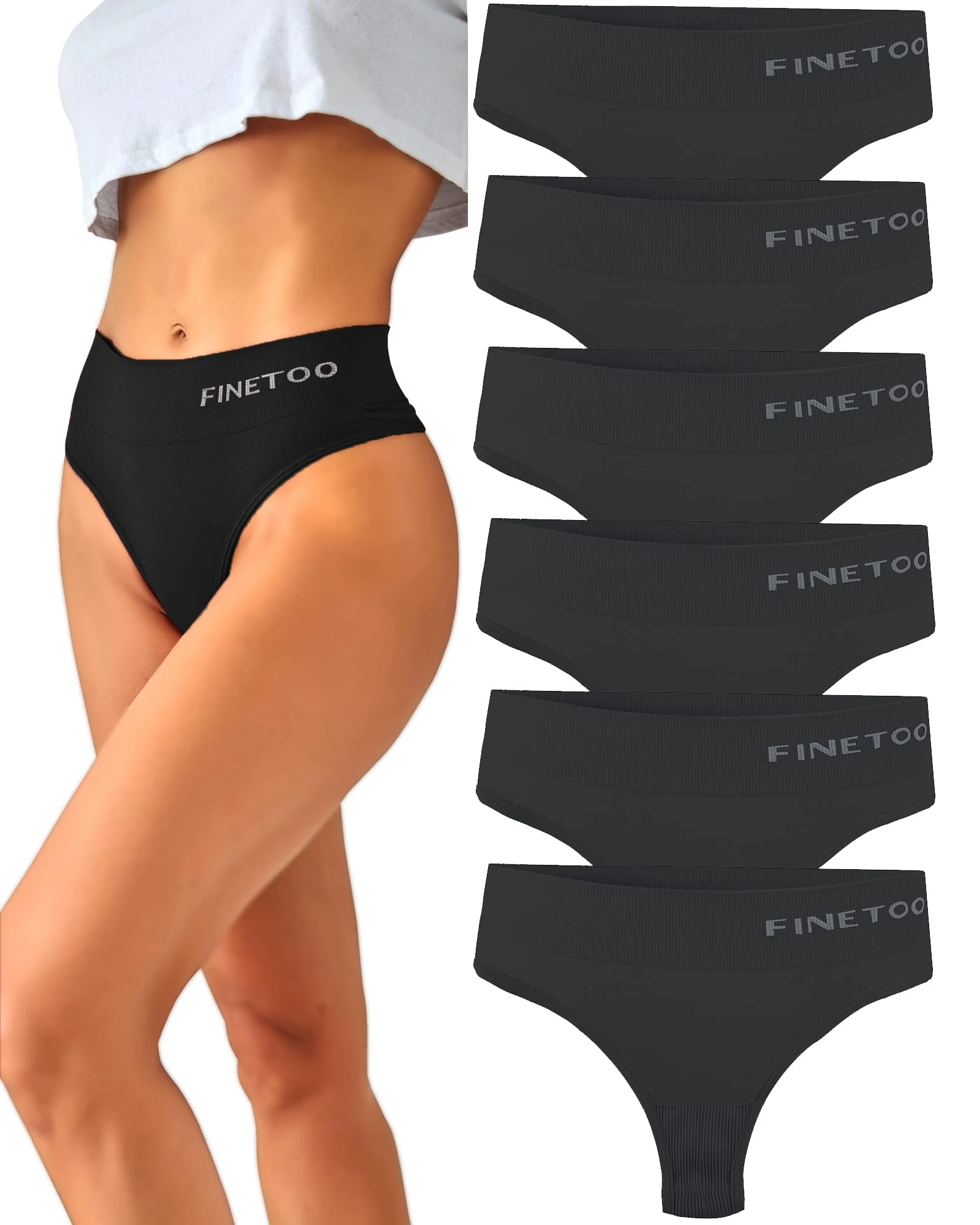 FINETOO 6 Pack High Waisted Thongs for Women, Nylon Spandex Panties Breathable Soft Stretchy Underwear High Rise S-XL, 6 Pack C, S-M