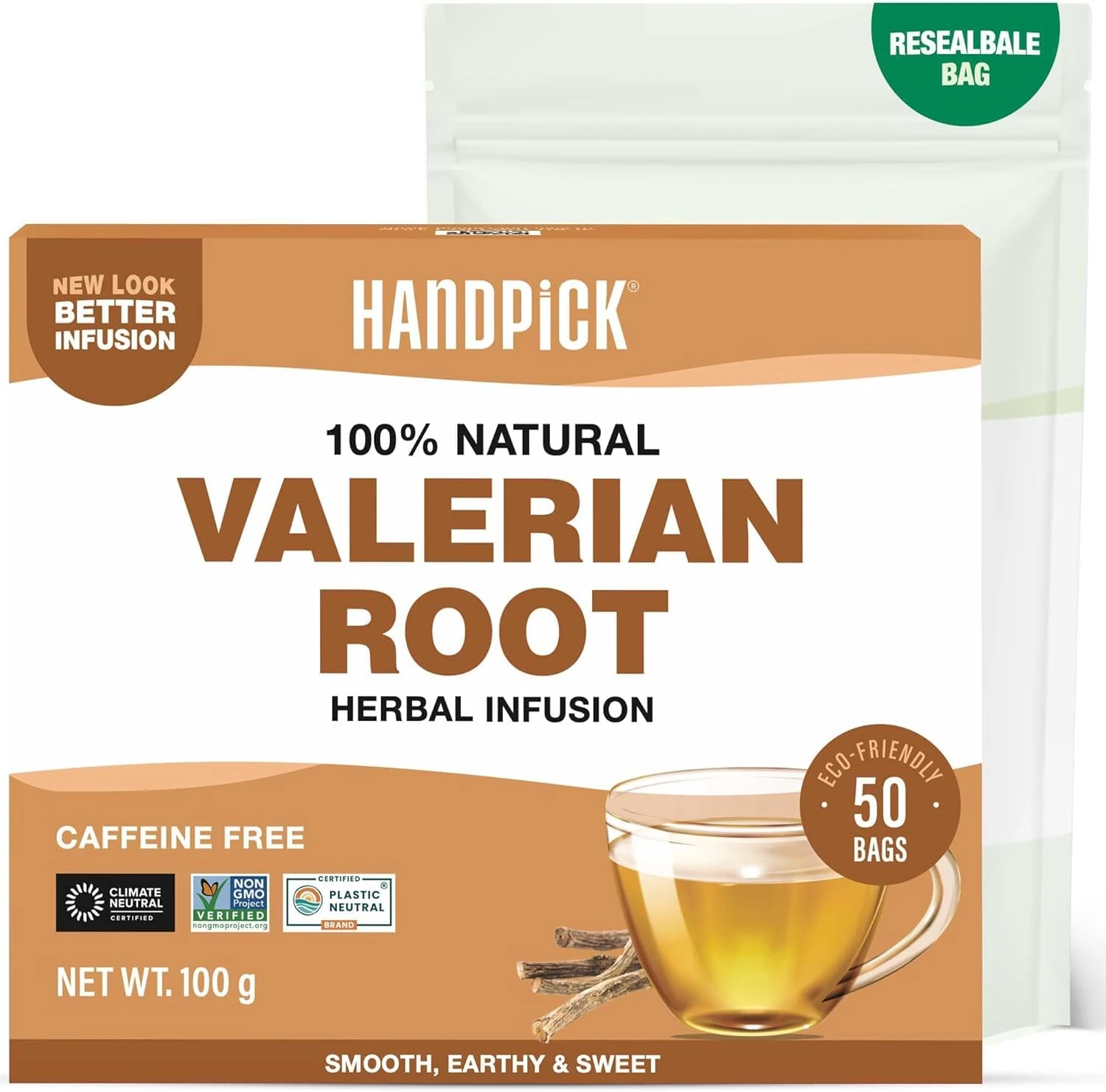 HANDPICK, Valerian Root Tea Bags (Valeriana) 50 Count | Non-GMO, Caffeine Free, Real Ingredients | Earthy/Woody Herbal Tea Bags | Round Eco-conscious Tea Bags
