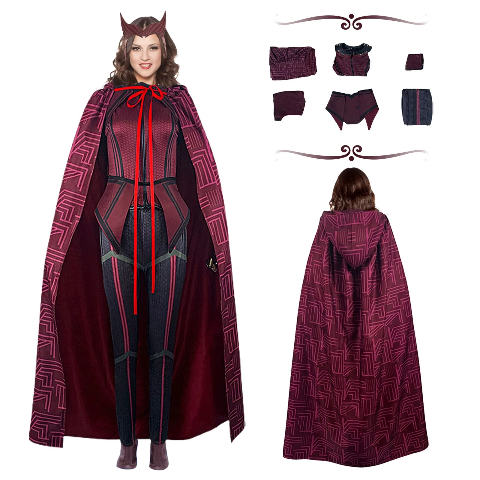 AENEY Wanda Maximoff Costume, Scarlet Witch Halloween Costume Suit With Wanda Cloak Headpiece, Adult Women's, Red, M