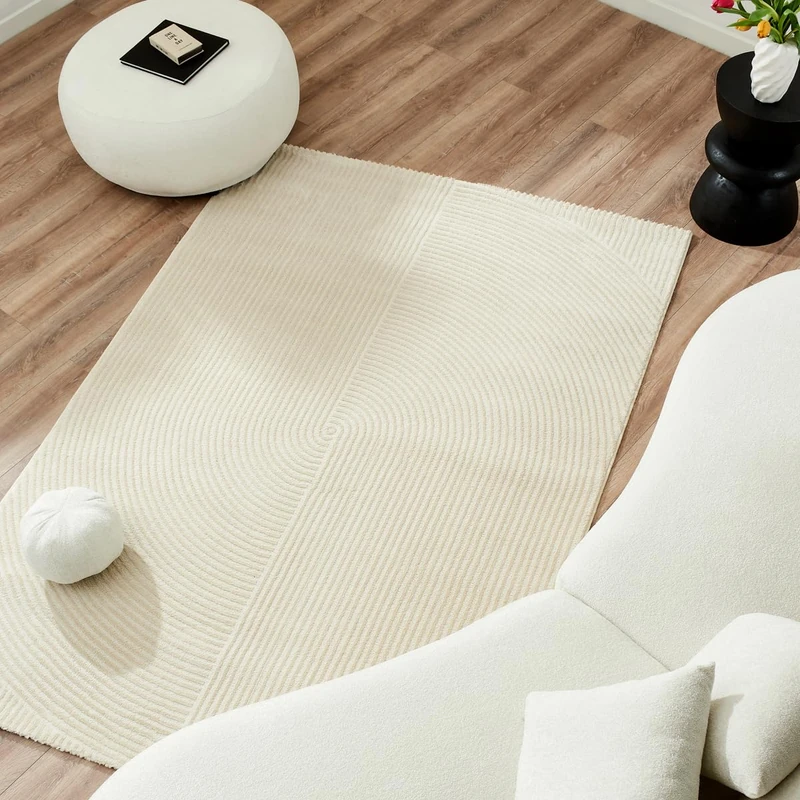 Nazar Living Room Rug, Bedroom Rug, Soft Bedroom Rug, Beige Rug, Plain Soft Rug, Rectangular Carpet, Geometric Pattern, Large Carpet, White Rug, Hallway Carpet (159 Cream, 120 x 160 cm)