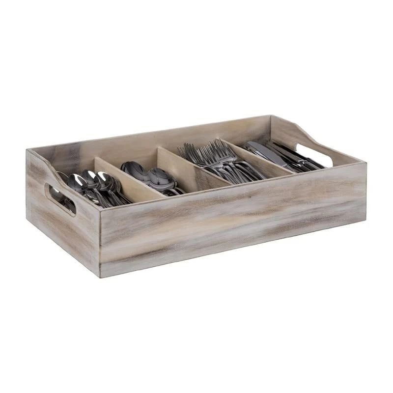 APS 11951 Cutlery Tray, 51 x 28 cm, Height 13 cm, Vintage White Acacia Wood, 4 Compartments 26 x 11.5 cm Each