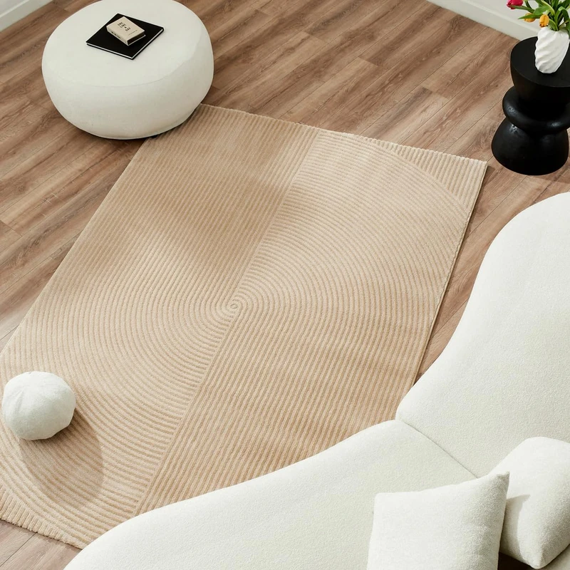 Nazar Living Room Rug, Bedroom Rug, Soft Bedroom Rug, Beige Rug, Plain Soft Rug, Rectangular Carpet, Geometric Pattern, Large Carpet, White Rug, Hallway Carpet (159 Beige, 120 x 160 cm)
