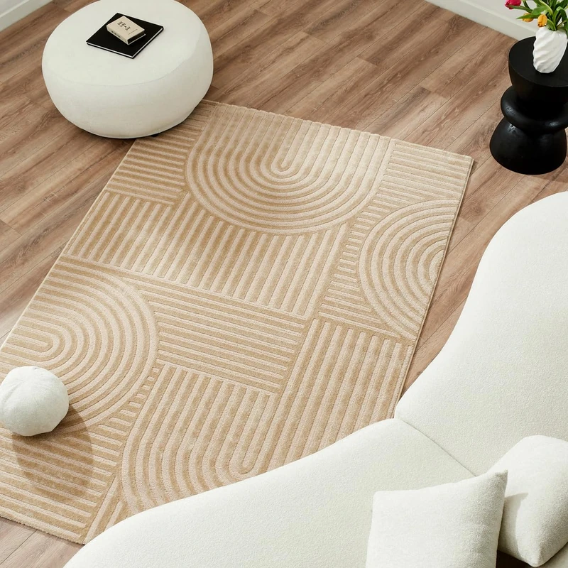 Nazar Living Room Rug, Bedroom Rug, Soft Bedroom Rug, Beige Rug, Plain Soft Rug, Rectangular Carpet, Geometric Pattern, Large Carpet, White Rug, Hallway Carpet (163 Beige, 120 x 160 cm) - Image 1