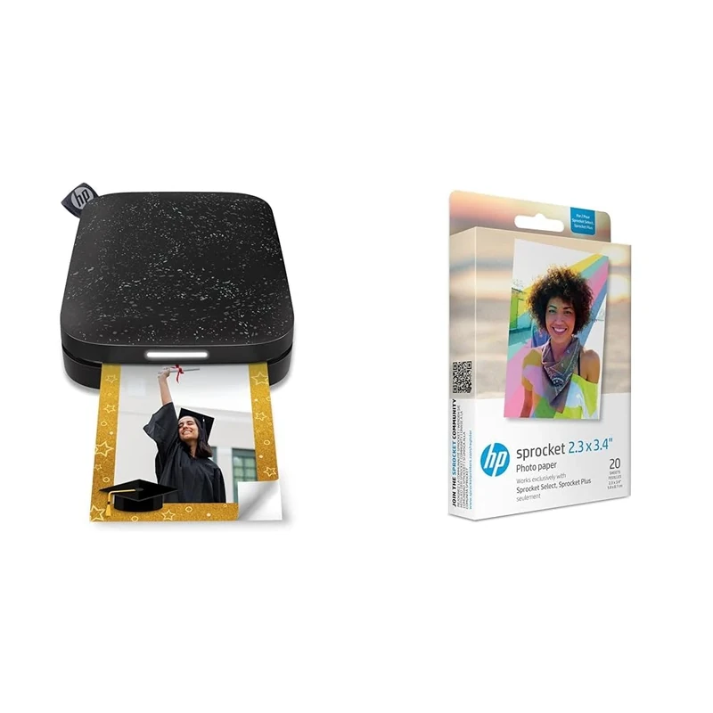 HP Sprocket Portable Photo Printer (Black Noirl) Instantly Prints ZINK 2x3 Sticky-Backed Photos & 2.3 x 3.4 Premium Zink Photo Paper (20 Sheets) Compatible with Sprocket Select and Plus