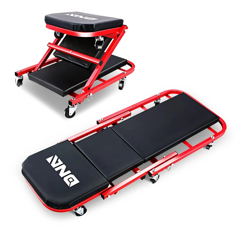 DNA MOTORING TOOLS-00186 40 Inches 2 in 1 Rolling Folding Car Creeper/Seat, 6 Pcs 2" Casters, 150kg Weight Capacity, Red