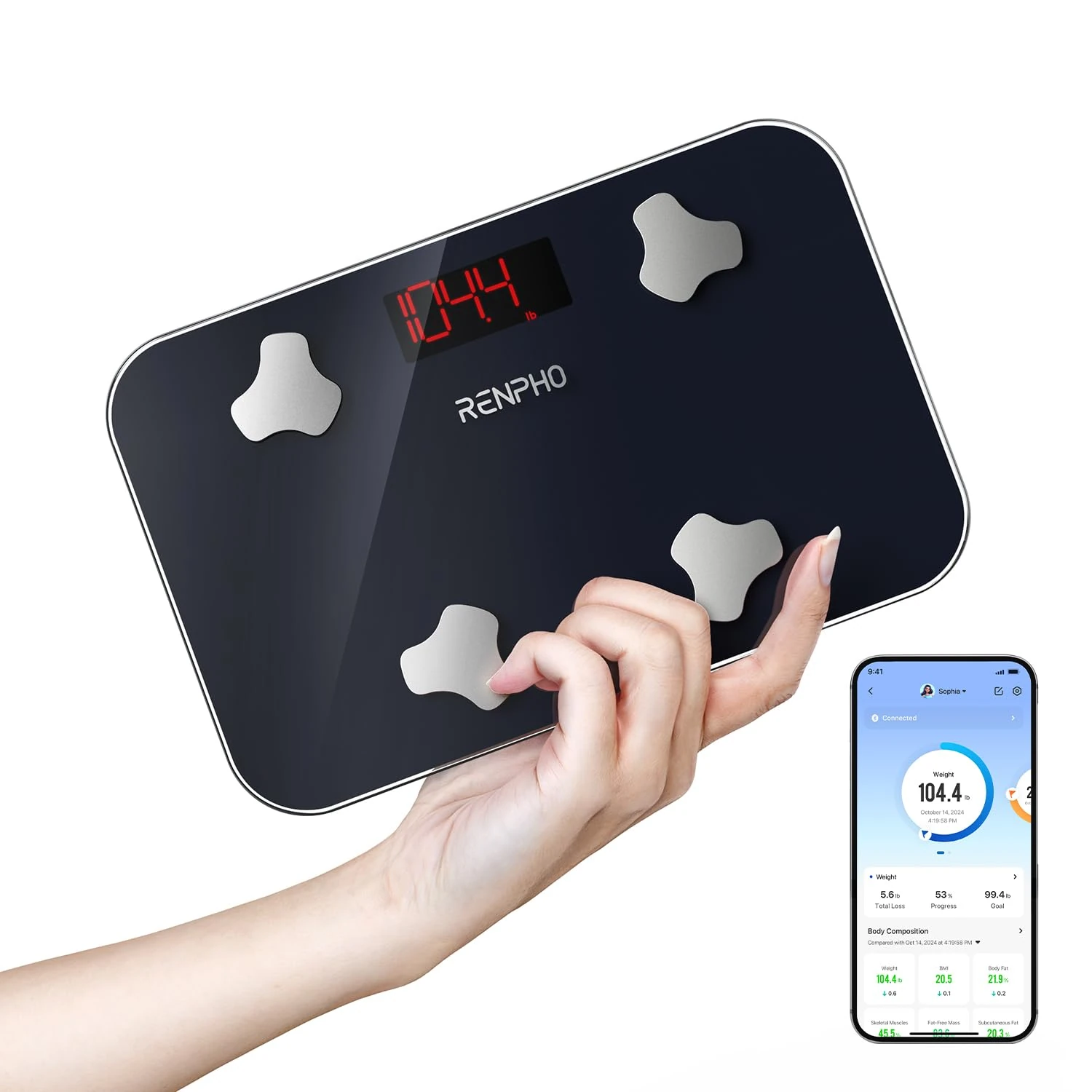 RENPHO Travel Scale for Body Weight, Mini Bathroom Scale for Body Fat, Portable Digital Weight Scale for Traveling, 13 Body Composition Analyzer Sync with Smart App, 400 lbs, 11.02" x 7.09", Elis Go