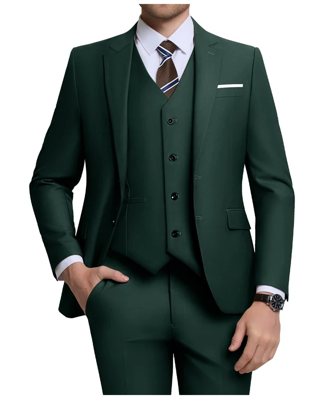 Holivyer Men's 3 Piece Slim Fit Suit Set, Two Button Blazer Solid Jacket Vest Pants Wedding Business Suit, Dark Green, XX-Large