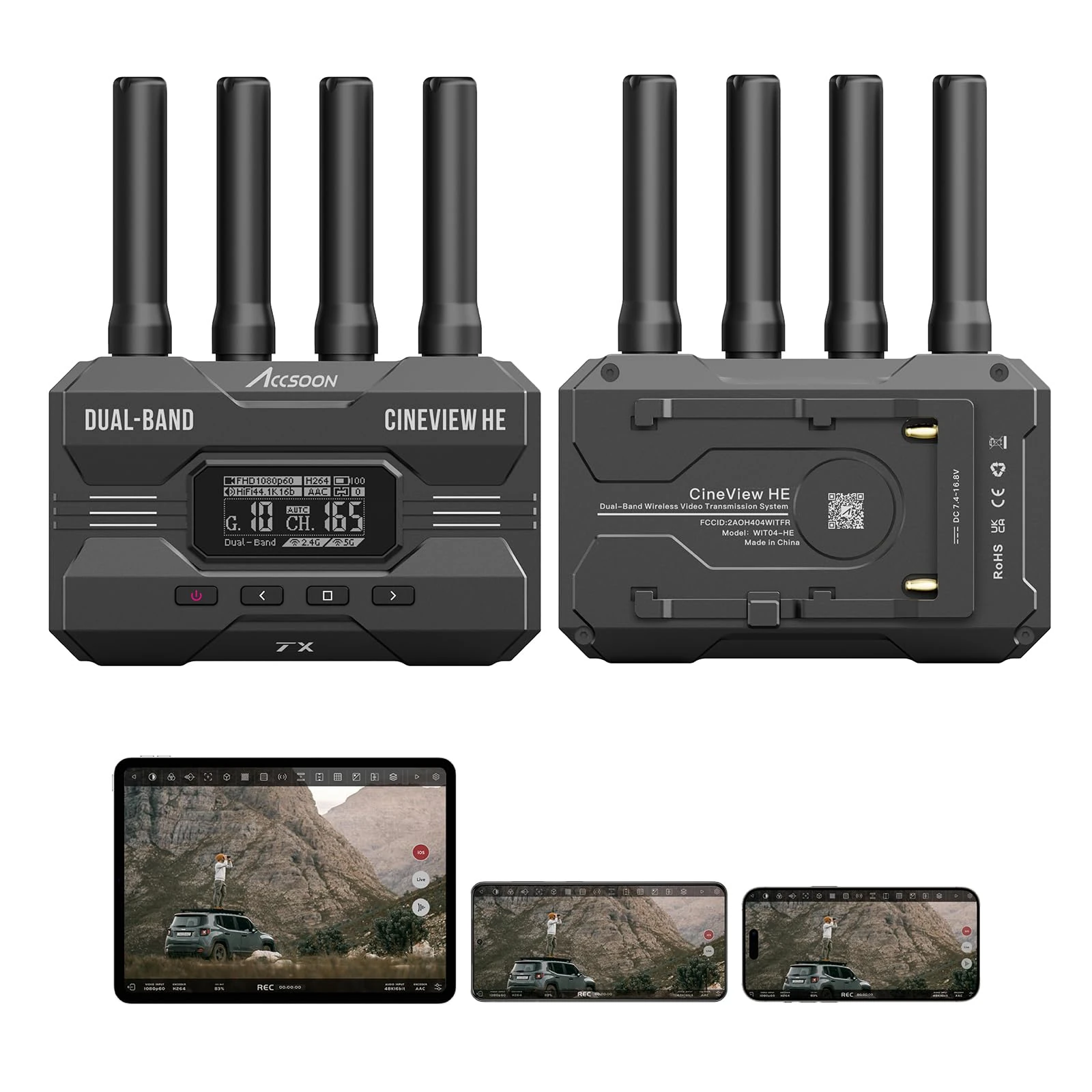 Accsoon CineView HE Wireless HDMI Video Transmitter & Receiver, 2.4G+5G Dual-Band 1200ft/350m Range, 0.06s Low Latency, up to 4 Monitor Devices, UVC Output, for Live Streaming, Camera, Filmmaking