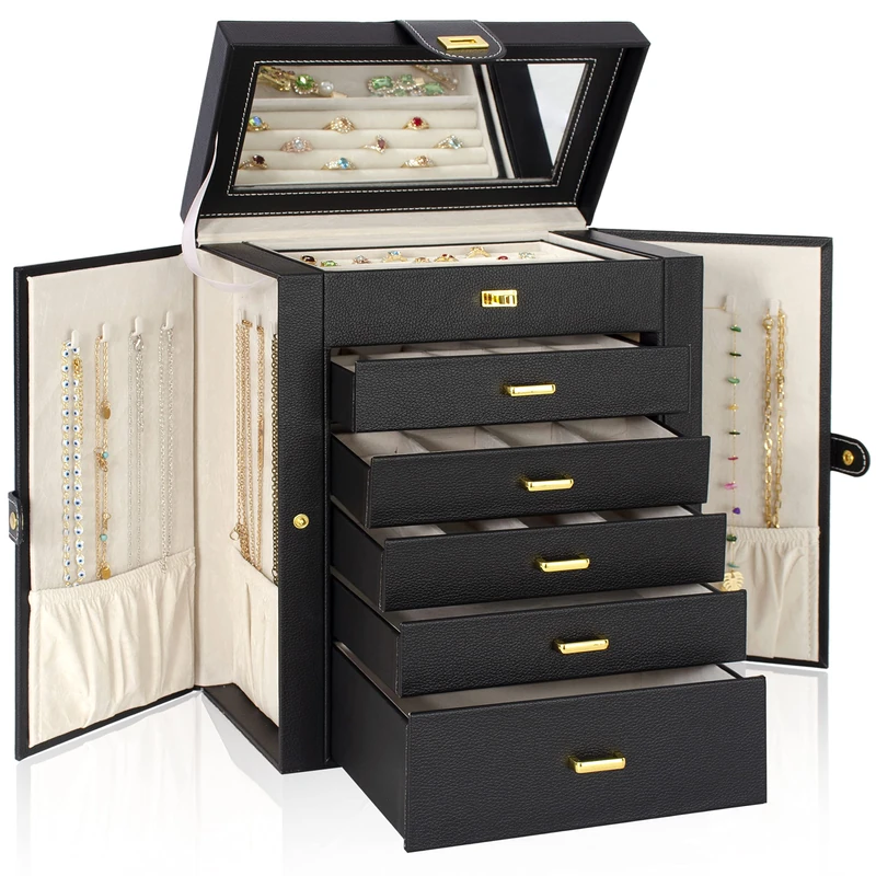 AKOZLIN Large Jewelry Box Organizer Functional with Big Mirror, Leather Jewelry Storage Case for Women Girls Ring Necklace Earring Bracelet Holder Organizer