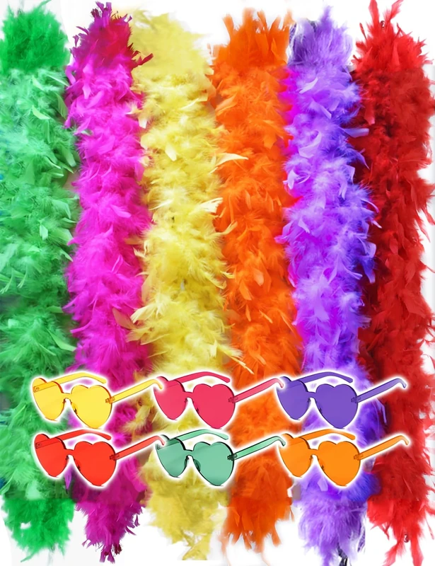 JICASTO Colorful Feather Boas, 6.6ft Feather Boa for Women for Dancing Wedding Party Cosplay Halloween,with Heart Rimless Sunglasses, Mixed Colors, One Size