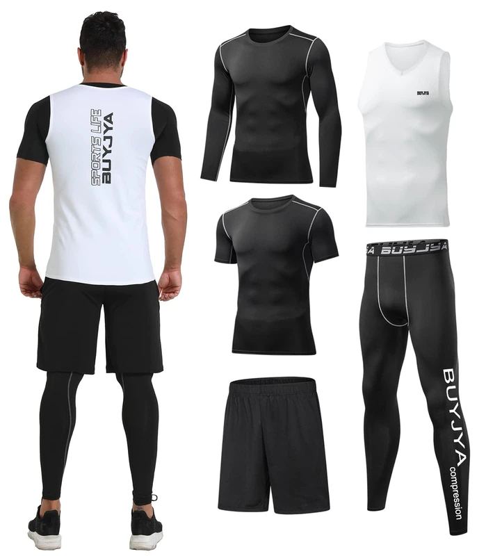 BUYJYA 5Pcs Men's Compression Pants Shirt Top Long Sleeve Jacket Athletic Sets Gym Clothing Mens Workout
