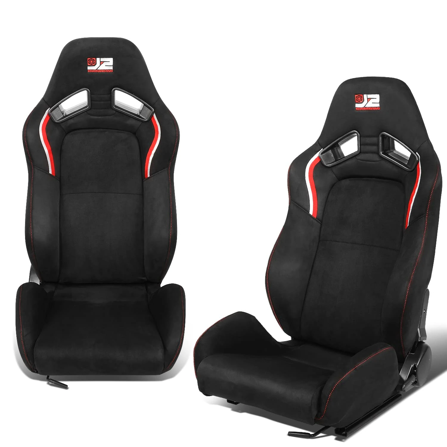 J2 Engineering Pair of Universal Red Stitching Alcantara Reclinable Back Rest Racing Bucket Seats for 4 Point Harness, 38'' Hx21'' Wx23'' D, Black/White/Red, J2-RS-003-BK