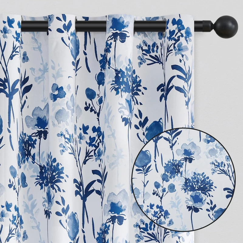 ugoutry Floral Blackout Curtains 84 Inch Length, Living Room Thermal Insulated Flower Window Treatments, Noise Reduction Grommet Watercolor Pattern Drapes Mixed Blue 2 Panels Set, 52" W