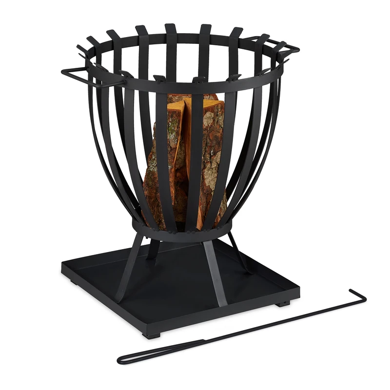 Relaxdays Fire Basket with Poker, HxØ 42 x 40 cm, Log Burner for Garden & Terrace, Steel, Open Design, Black