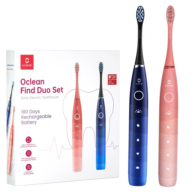 Oclean Find Duo Set (2X Sonic Electric Toothbrushes), 5 Modes with Whitening, 180 Days Battery Life, 2 Min Timer & 30s Reminder, IPX7, Twin Pack Set– Red & Blue