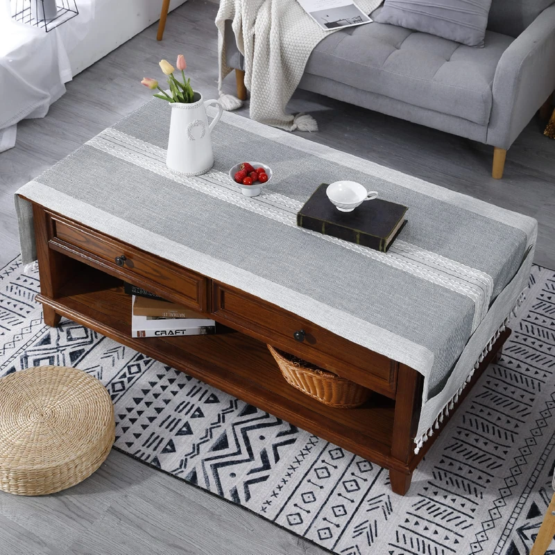 ZMNSZBD Linen Tassel Coffee Table Tablecloth Living Room Rectangular Tablecloth Cover with Pockets
