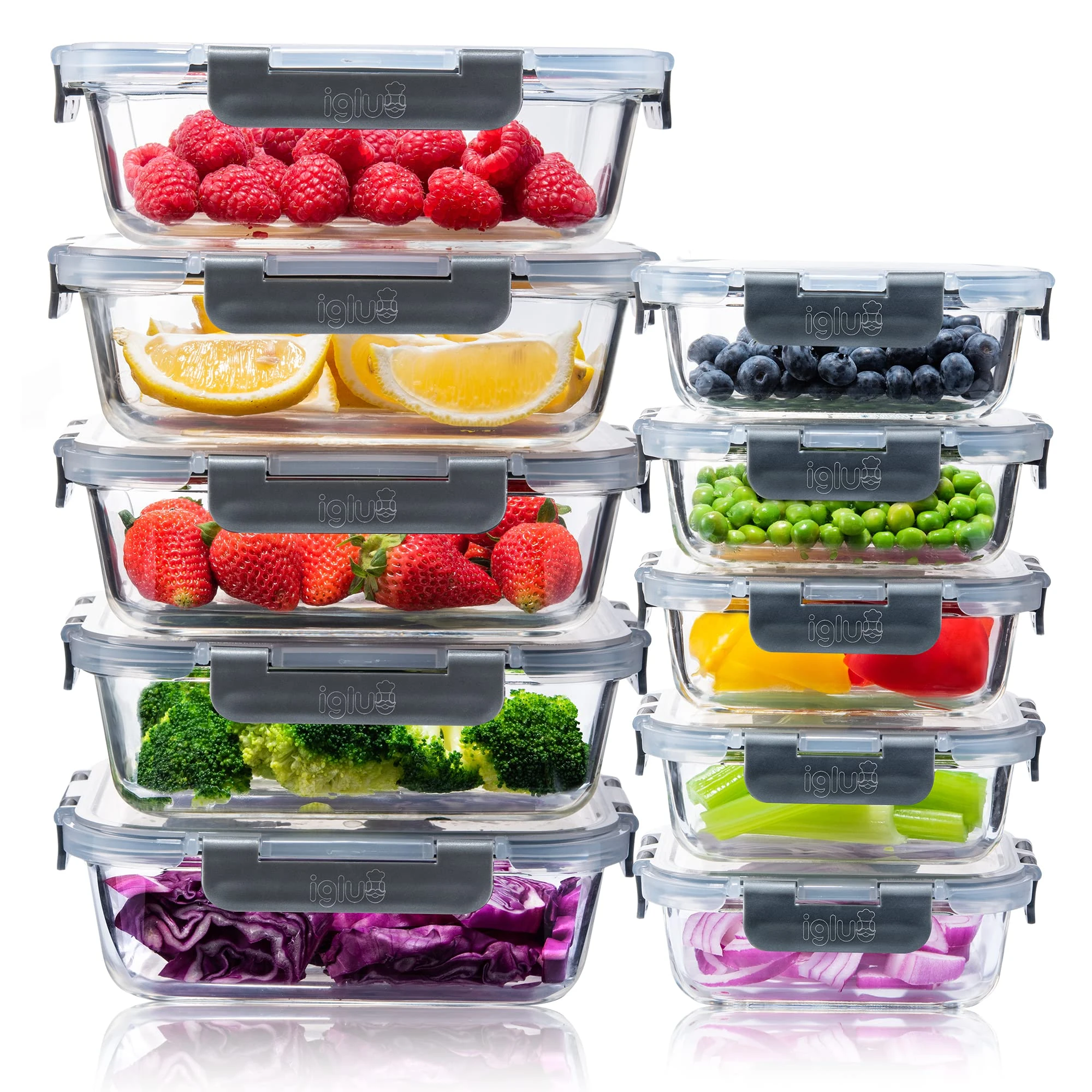 Igluu Meal Prep Glass Containers with Airtight Lids 10 Pack Rectangle 2 Sizes 1050ml and 370ml BPA-Free Meal Prep Containers Reusable – Borosilicate Glass, Oven Safe