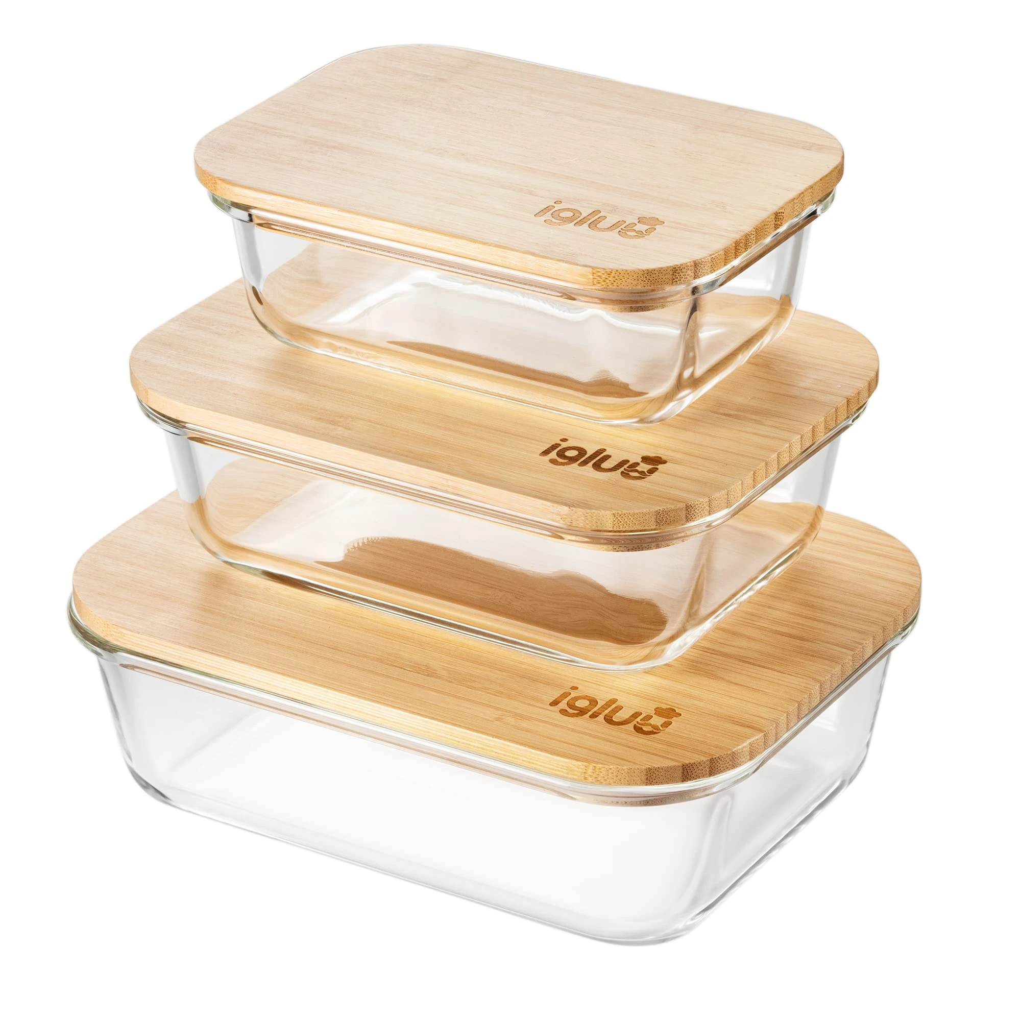 Igluu Meal Prep Glass Containers with Bamboo Lids and Stretchable Bands 3 Pack 3 Sizes 370ml, 640ml and 1050ml BPA-Free Meal Prep Containers Reusable – Borosilicate Glass, Oven Safe