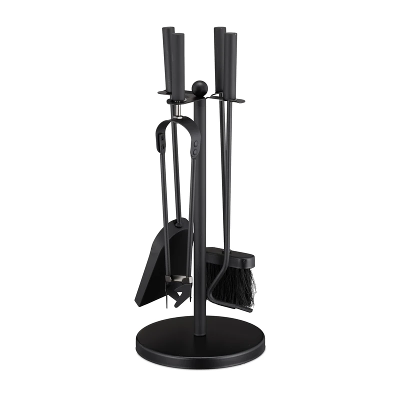 Relaxdays Fireplace Set, 5 Pieces Fire Accessories with Poker, Shovel, Broom, Tongs & Stand, Steel, 50x20x20 cm, Black