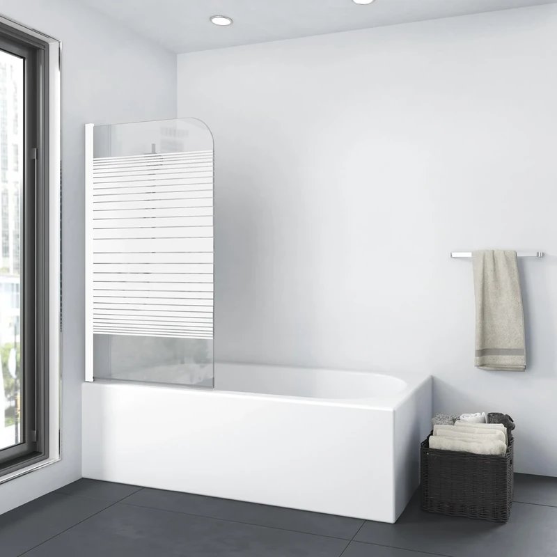 Marwell White Lines Bath Attachment 75 x 140 cm - 1-Piece Swinging Shower Screen in Matte White - Shower Enclosure Made of 4 mm Tempered Safety Glass for Bathtub