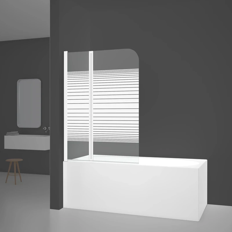 MARWELL White Lines Bath Attachment 100 x 140 cm - 2-Piece Foldable Shower Screen in Matte White - Shower Enclosure Made of 4 mm Tempered Safety Glass for Bathtub