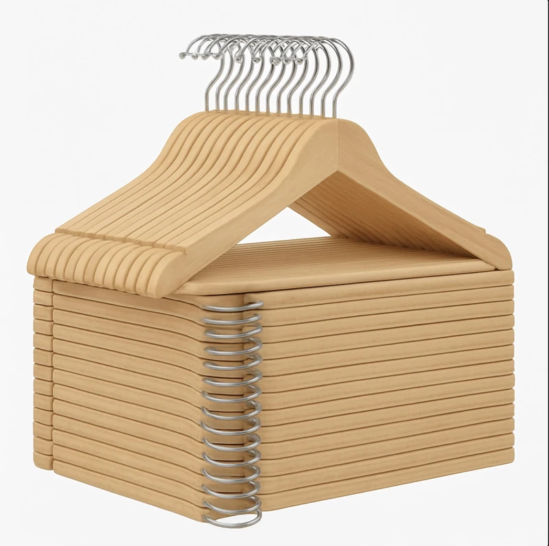 MSV - Set of 36 Solid Wood Hangers - High Strength and Load Capacity, Curved Sides, No Deformation - 360° Swivel Hook - 44cm - Beige