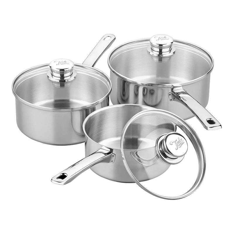 Tala Performance 3 Piece Stainless Steel Cookware Set, Saucepans with Glass lids, 16, 18 20cm. Made in Portugal, Guarantee, Suitable for All hob Types Including Induction Polished Mirror Shine Finish