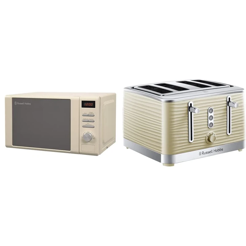 Russell Hobbs RHM2064C 20 Litre 800 W Cream Digital Heritage Microwave with 5 Power Levels, Easy Clean & 24384 Cream Inspire 4 Slice Toaster, Wide Slot with Lift and Look Feature, 1800 W