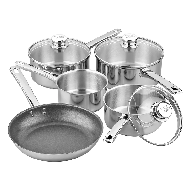 Tala Performance 5 Pc Stainless Steel Cookware Set containing Saucepans Glass lids, 16, 18 and 20cm. 14cm Milk pan, 24cm Non-Stick Fry Pan, 5 Pc Set, Polished Mirror Shine Finish