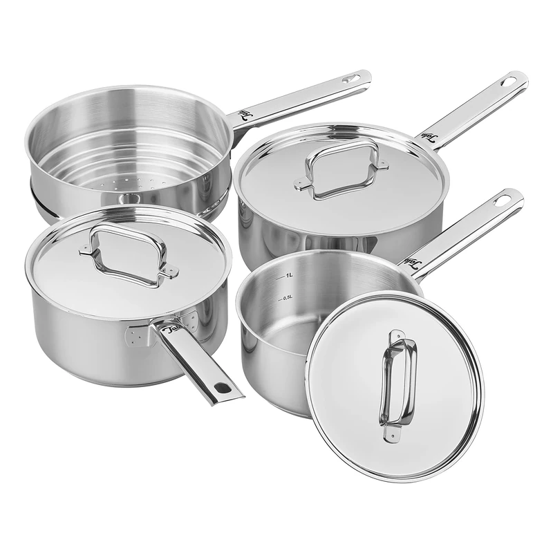 Tala Performance 3 Piece Stainless Steel Cookware Set with Free Long Handled Multi Steamer. 16cm, 18cm and 20cm Saucepans with Superior Grade Stainless Steel Lids, Ideal for All hob Types